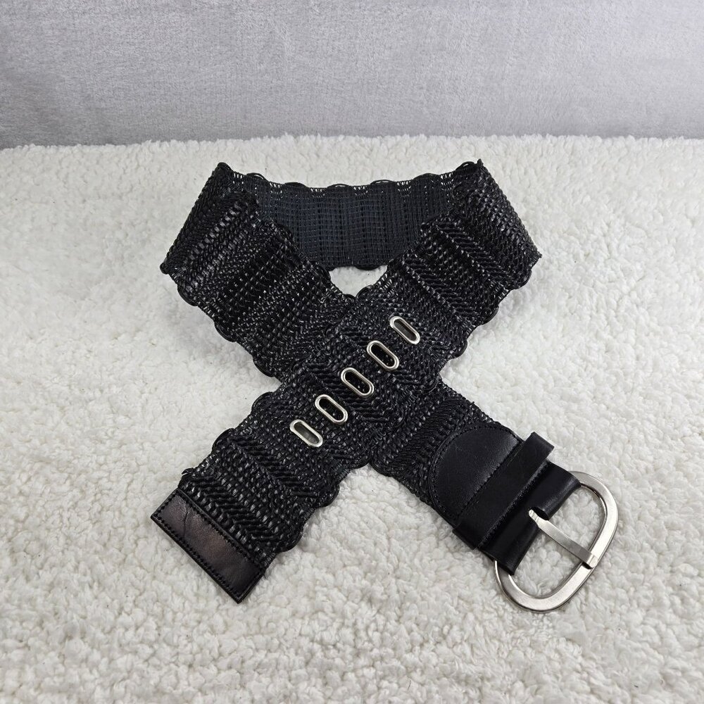 Wide Black Belt Woven Faux Leather Cord Silve Buckel Career Wear Cottage Core Sz